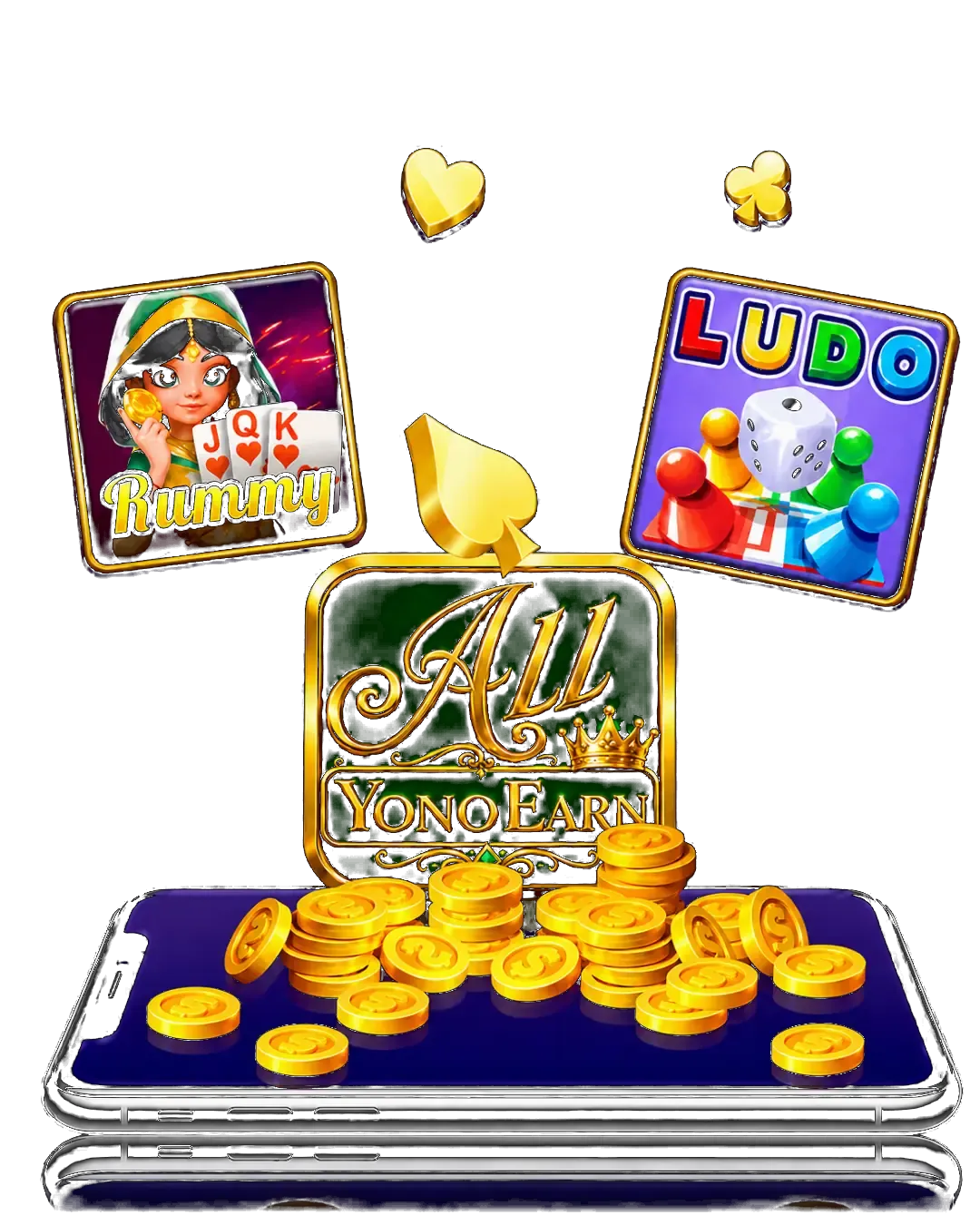 AllYonoEarn gaming artwork featuring rummy, ludo and casino coins