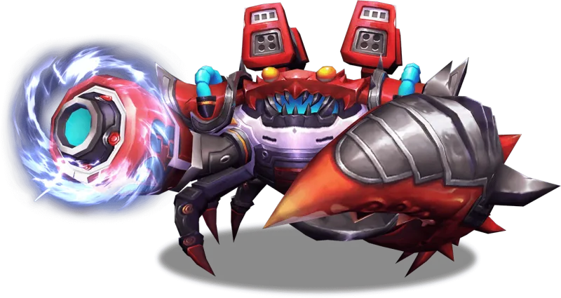 Armored crimson crustacean guardian standing over a sunken wreck